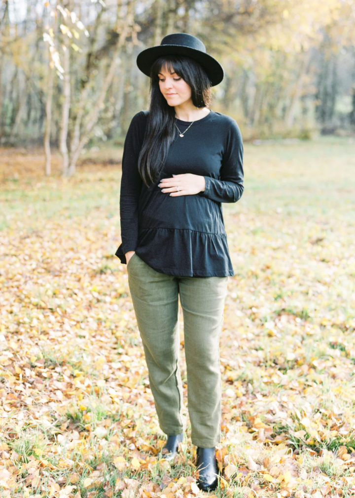 Smocked Linen Pants Olive- Comfortable Pants for Third Trimester