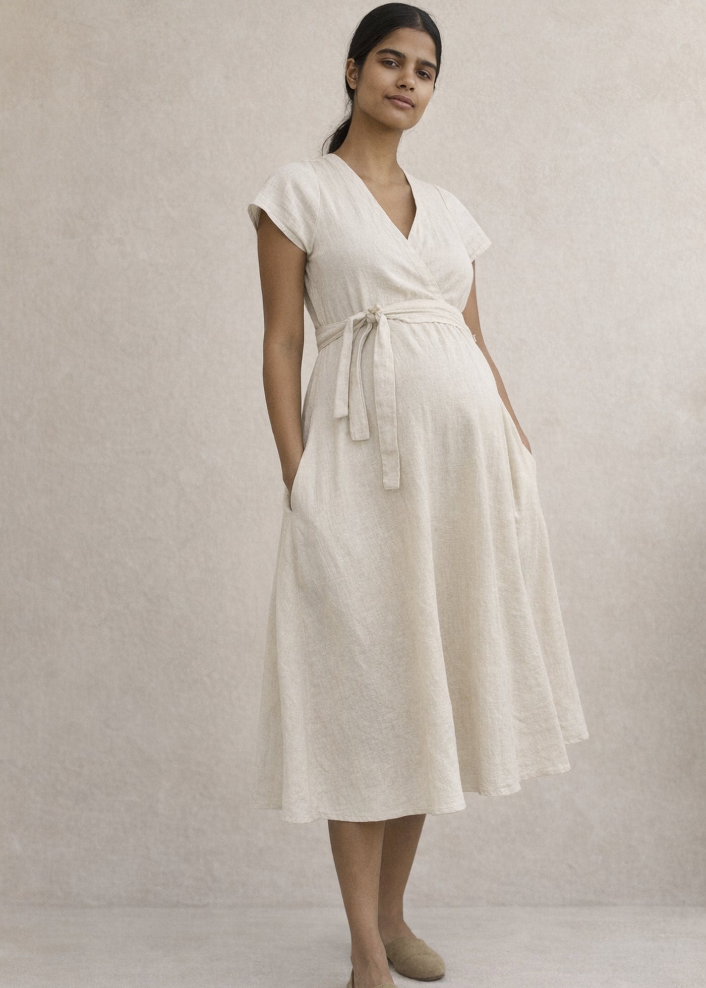 Cap-Sleeve Wrap Linen Midi Dress in Linen - 06