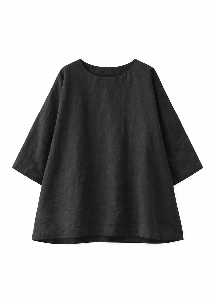 Oversized Haori-Sleeve Trapeze Linen Top in Linen in Black — flat lay