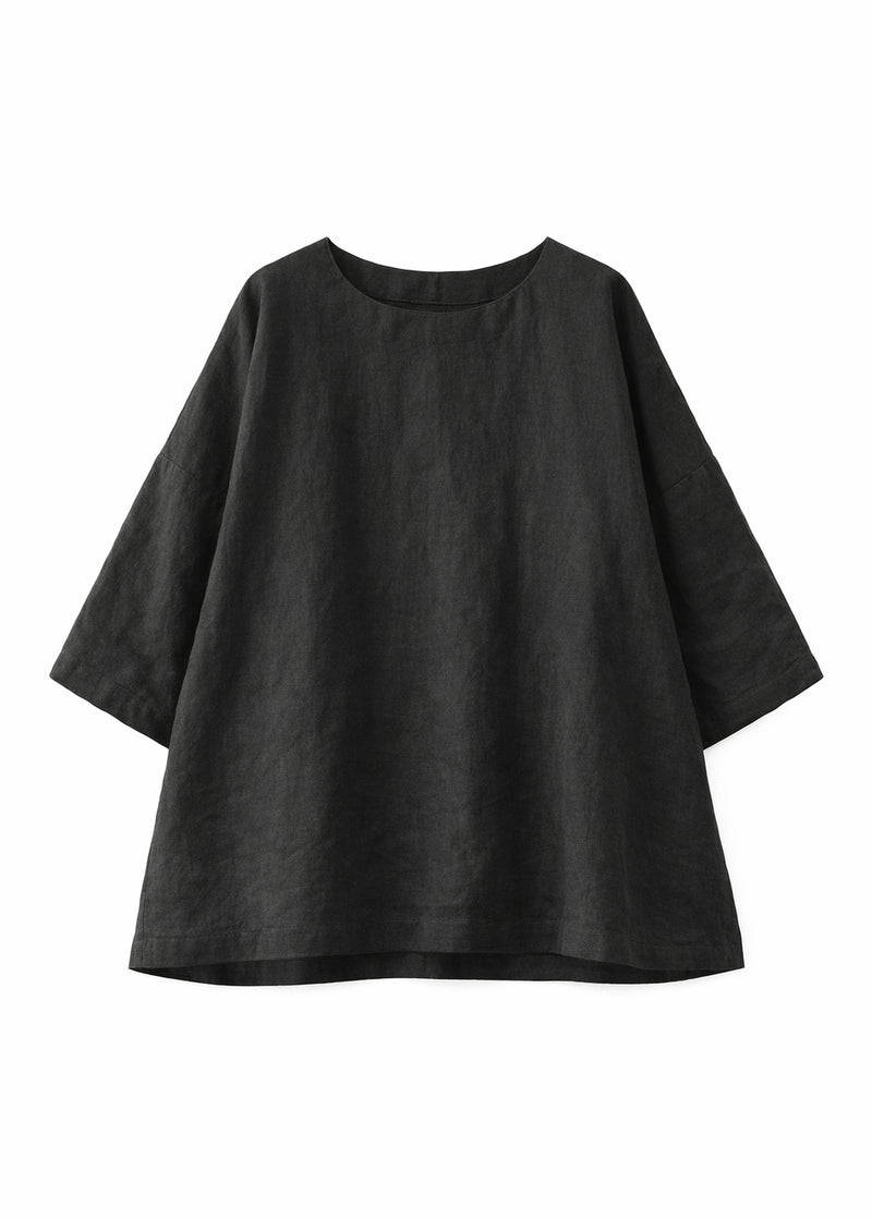 Oversized Haori-Sleeve Trapeze Linen Top in Linen in Black — flat lay