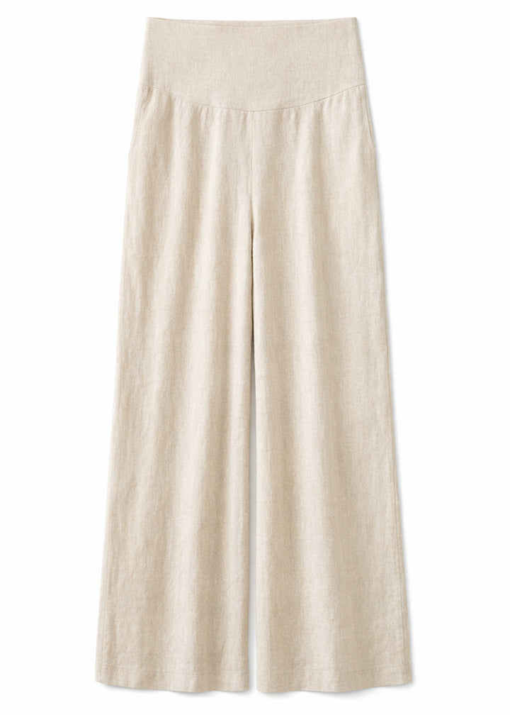 Wide-Leg Shirred-Back Pull-On Linen Trousers in Linen in Natural — flat lay