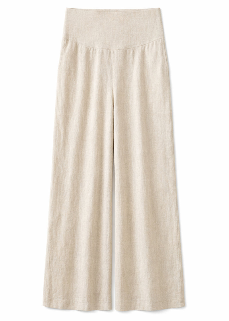 Wide-Leg Shirred-Back Pull-On Linen Trousers in Linen in Natural — flat lay