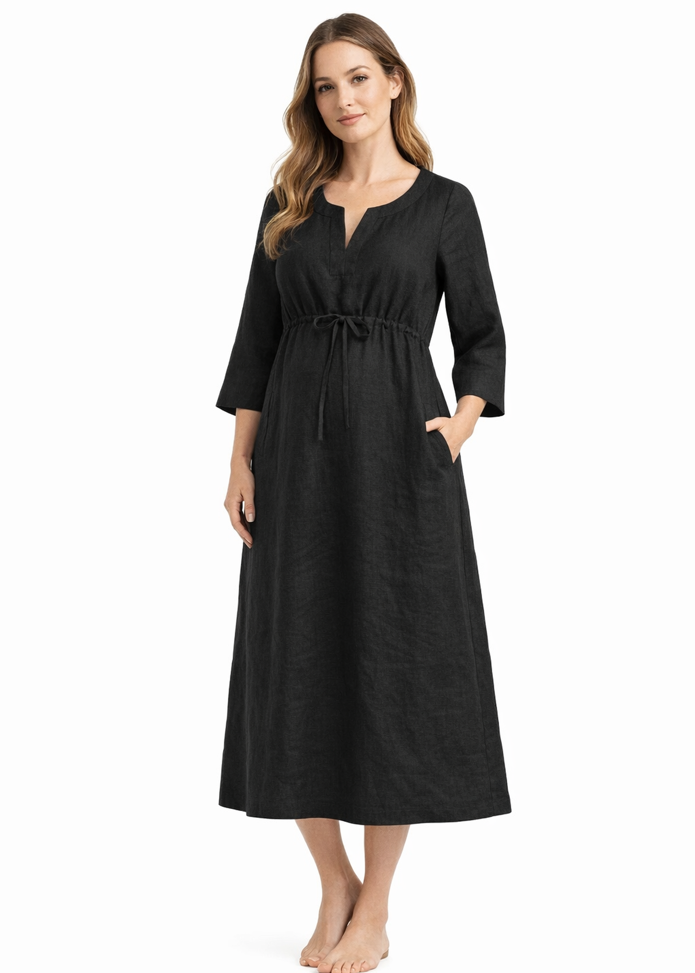 Gathered Empire-Waist Linen Midi Dress in Linen in Black — on model