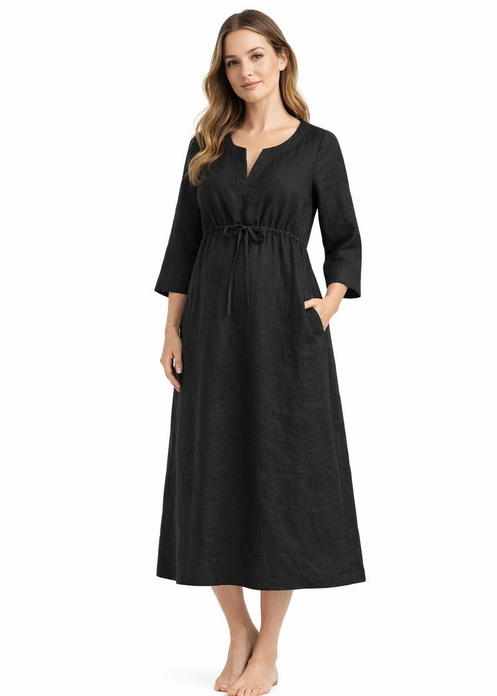 Gathered Empire-Waist Linen Midi Dress in Linen in Black — on model