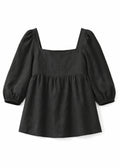 Puff-Sleeve Square-Neck Shirred-Back Floral Linen Blouse in Linen in Black — flat lay