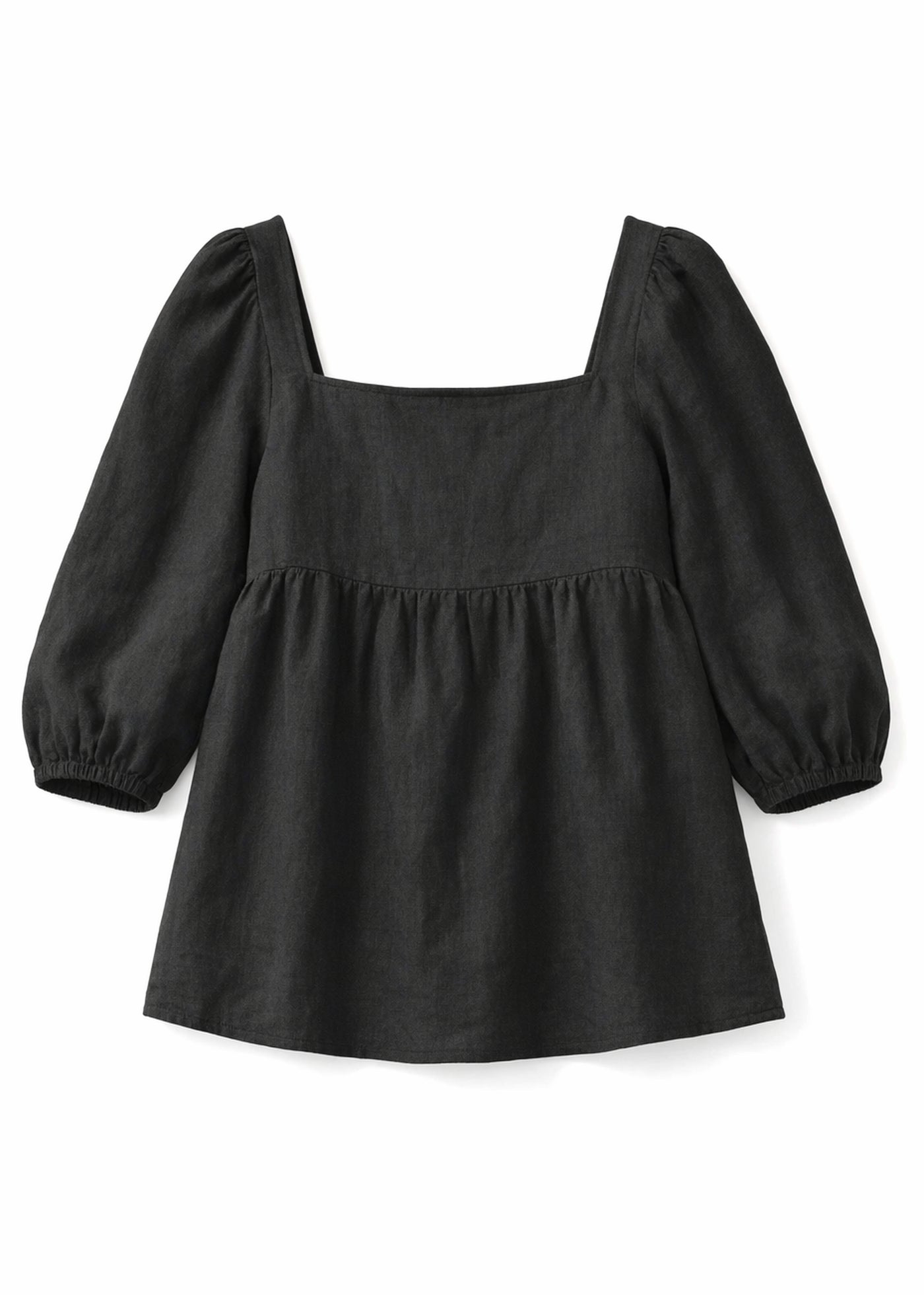 Puff-Sleeve Square-Neck Shirred-Back Floral Linen Blouse in Linen in Black — flat lay