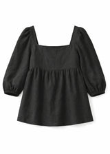 Puff-Sleeve Square-Neck Shirred-Back Floral Linen Blouse in Linen in Black — flat lay