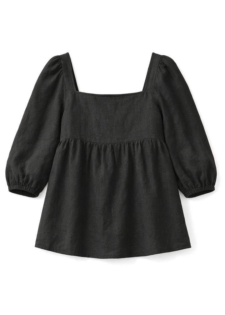 Puff-Sleeve Square-Neck Shirred-Back Floral Linen Blouse in Linen in Black — flat lay