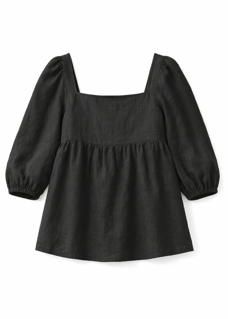 Puff-Sleeve Square-Neck Shirred-Back Floral Linen Blouse in Linen in Black — flat lay