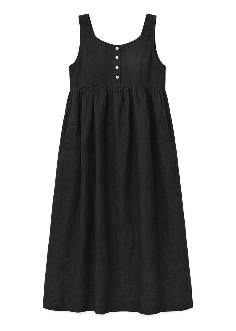 Sleeveless Empire-Waist Linen Maternity Maxi Dress in Linen in Black — flat lay