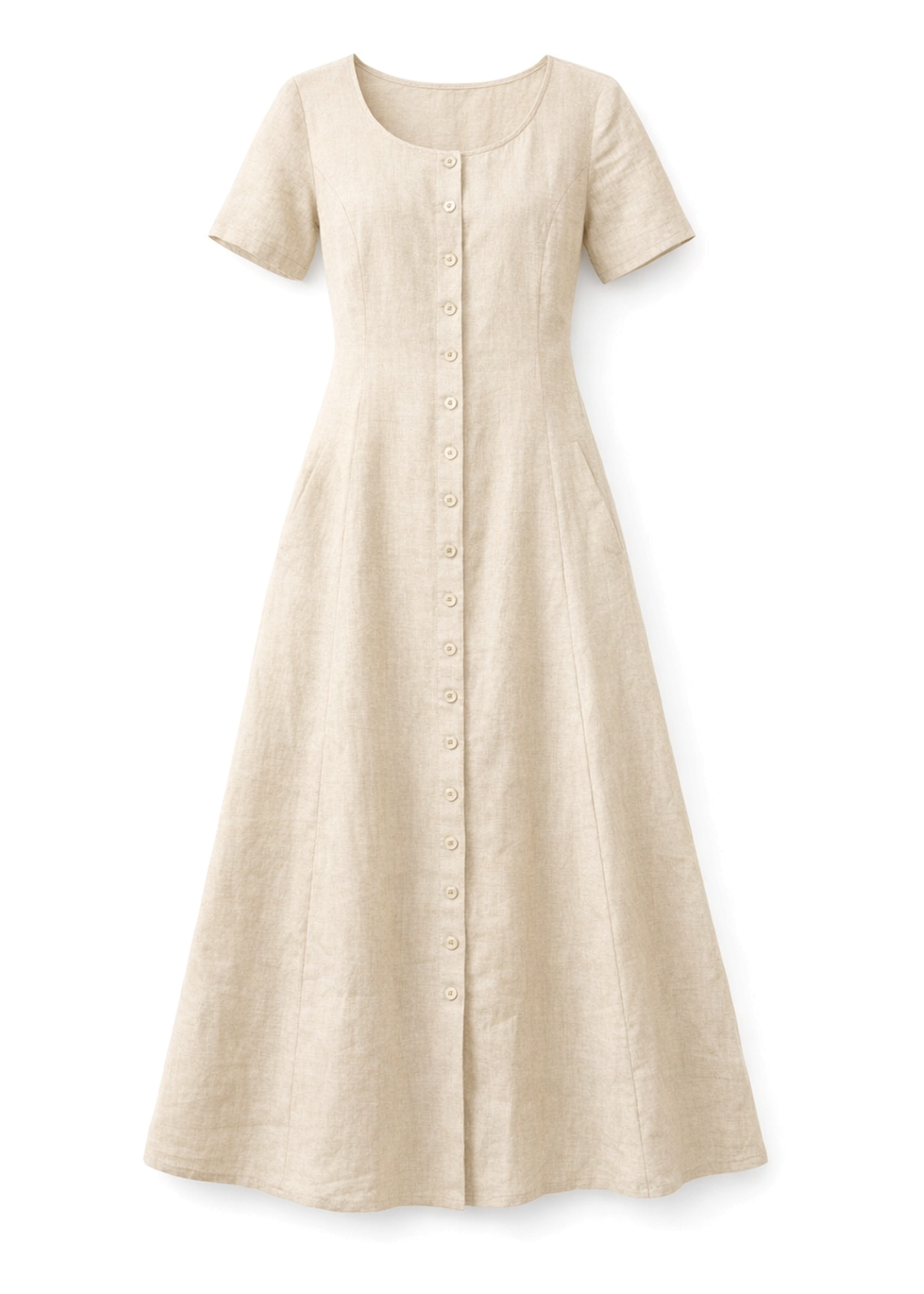 Short-Sleeve Button-Front Linen Maxi Dress in Linen in Natural — flat lay