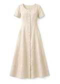 Short-Sleeve Button-Front Linen Maxi Dress in Linen in Natural — flat lay