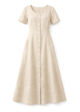 Short-Sleeve Button-Front Linen Maxi Dress in Linen in Natural — flat lay