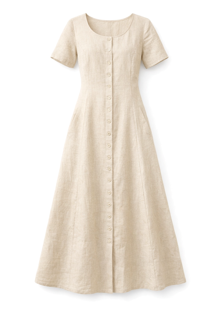 Short-Sleeve Button-Front Linen Maxi Dress in Linen in Natural — flat lay
