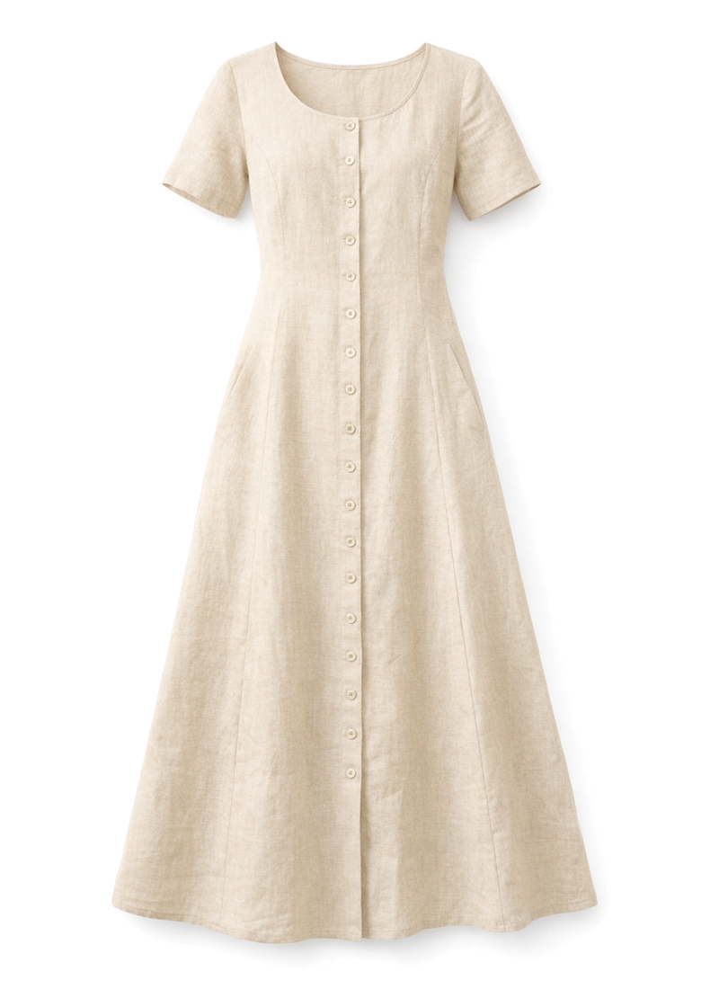 Short-Sleeve Button-Front Linen Maxi Dress in Linen in Natural — flat lay