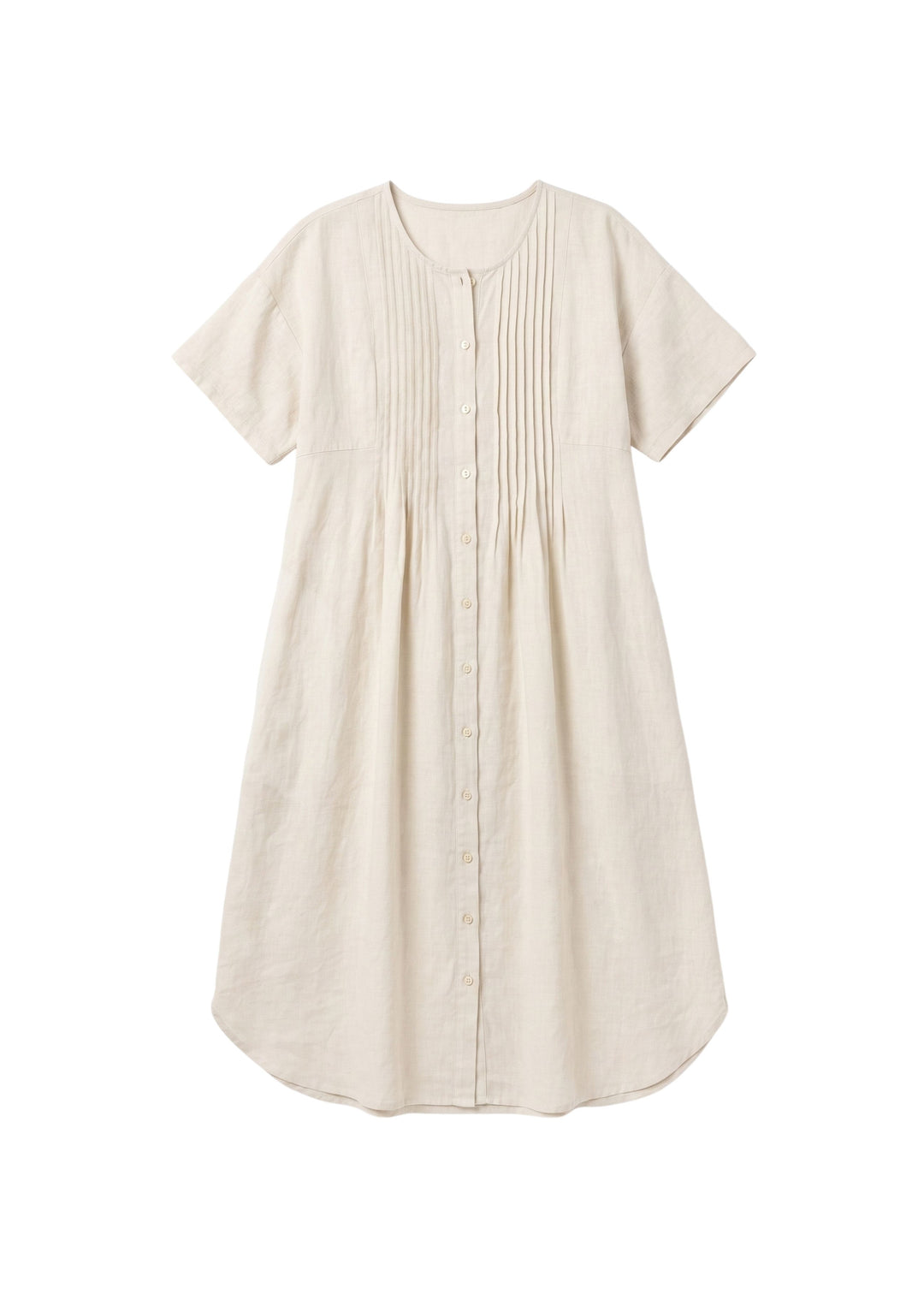 Pleated Button-Front Linen Midi Dress in Linen in Natural — flat lay