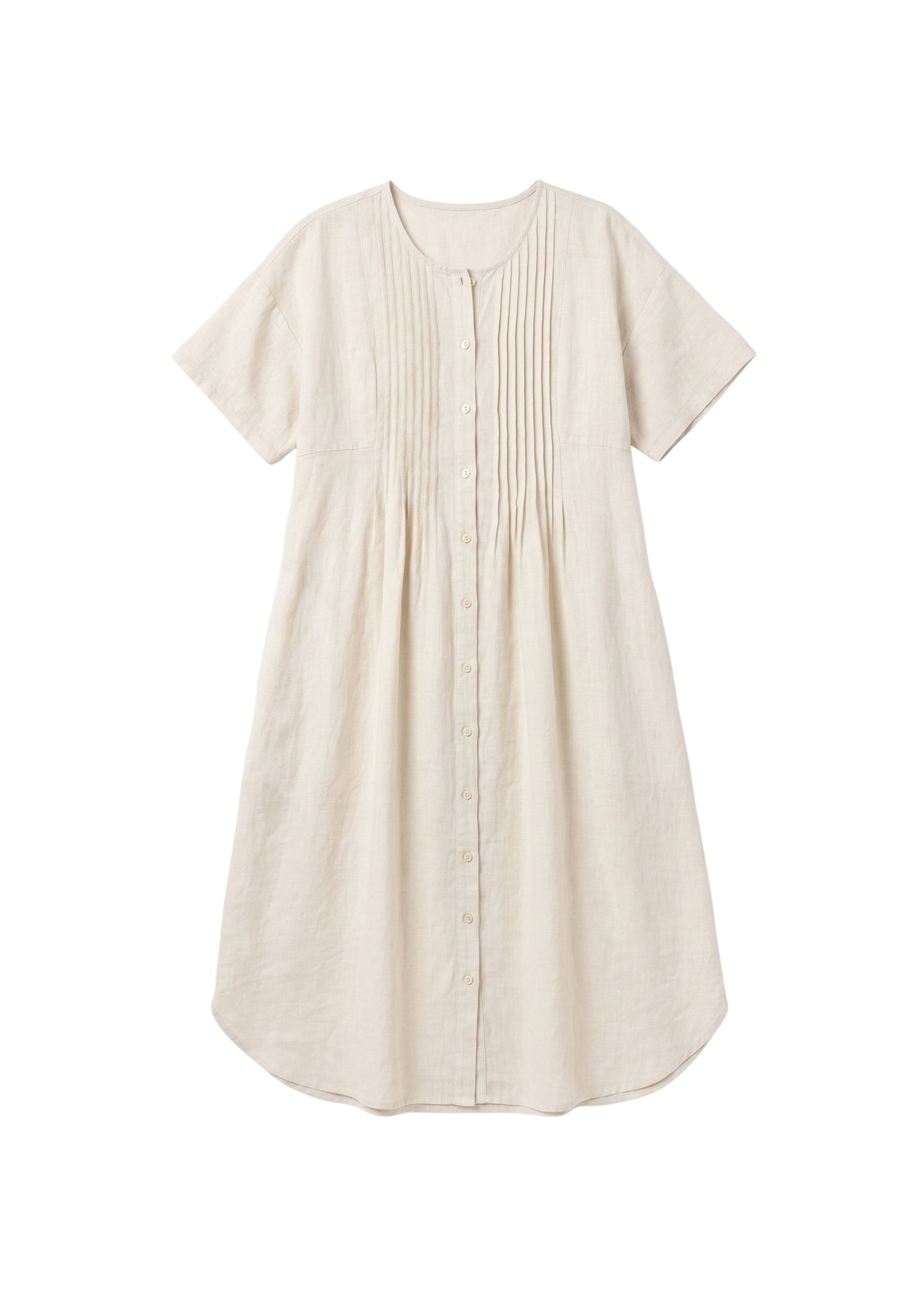 Pleated Button-Front Linen Midi Dress in Linen in Natural — flat lay