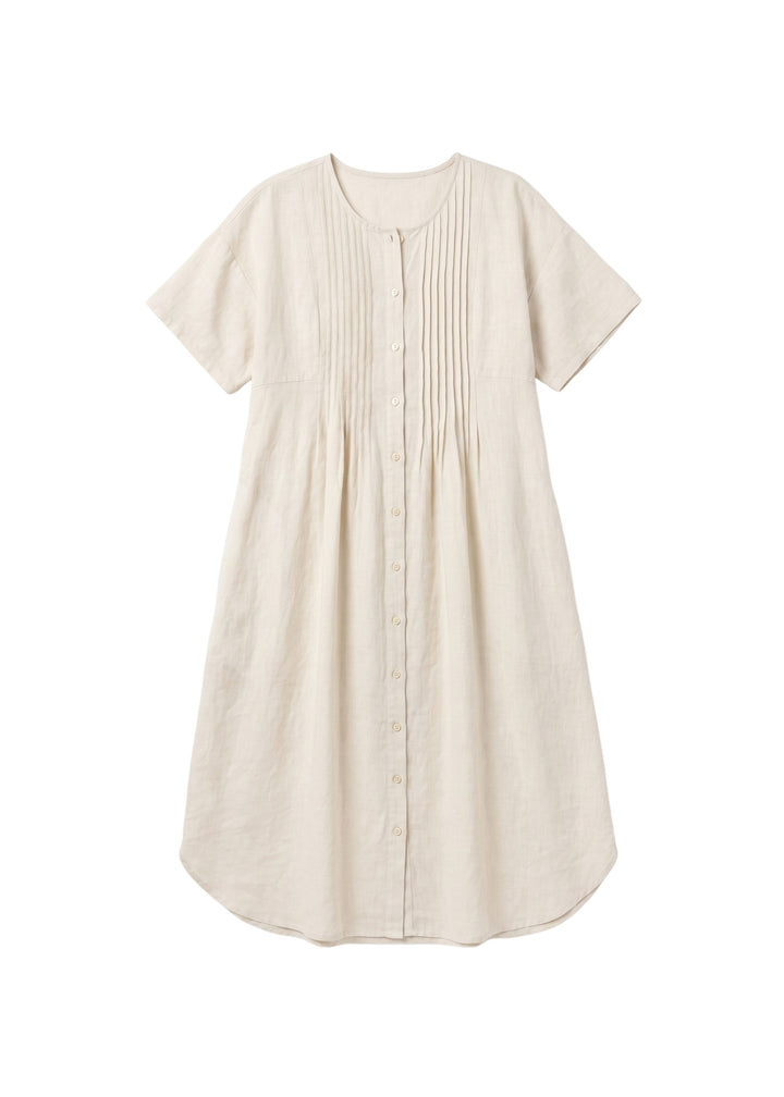 Pleated Button-Front Linen Midi Dress in Linen in Natural — flat lay