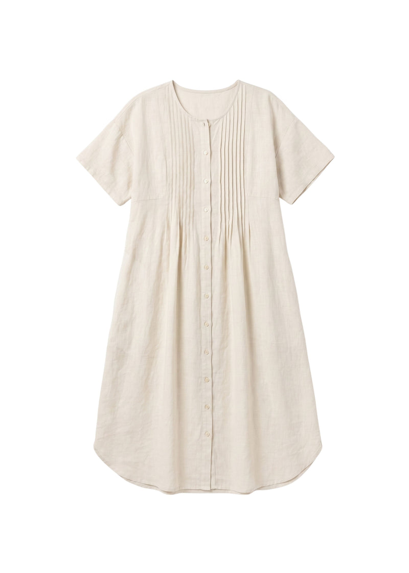 Pleated Button-Front Linen Midi Dress in Linen in Natural — flat lay