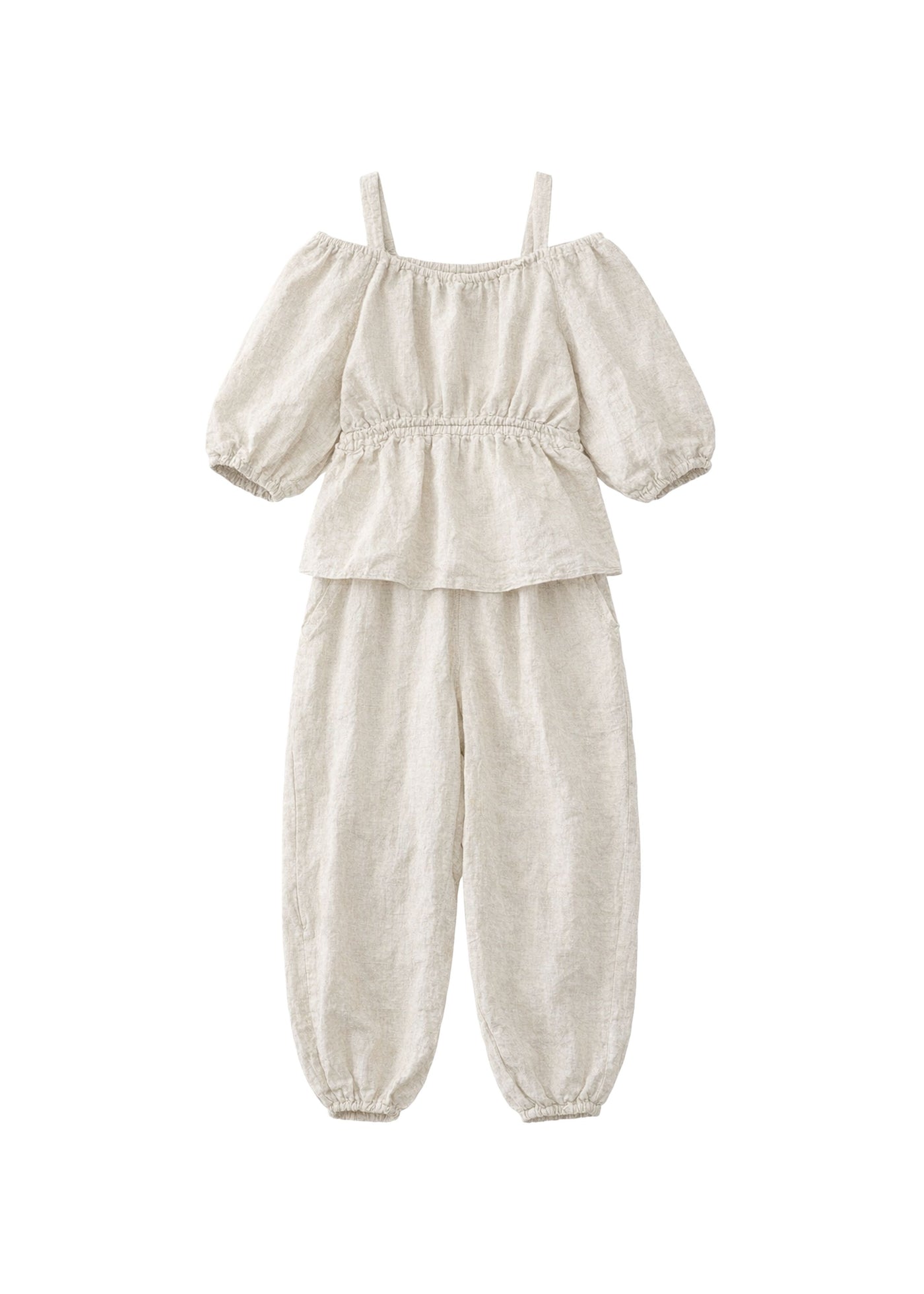 Off-Shoulder Peplum Jumpsuit in Linen in Natural — flat lay