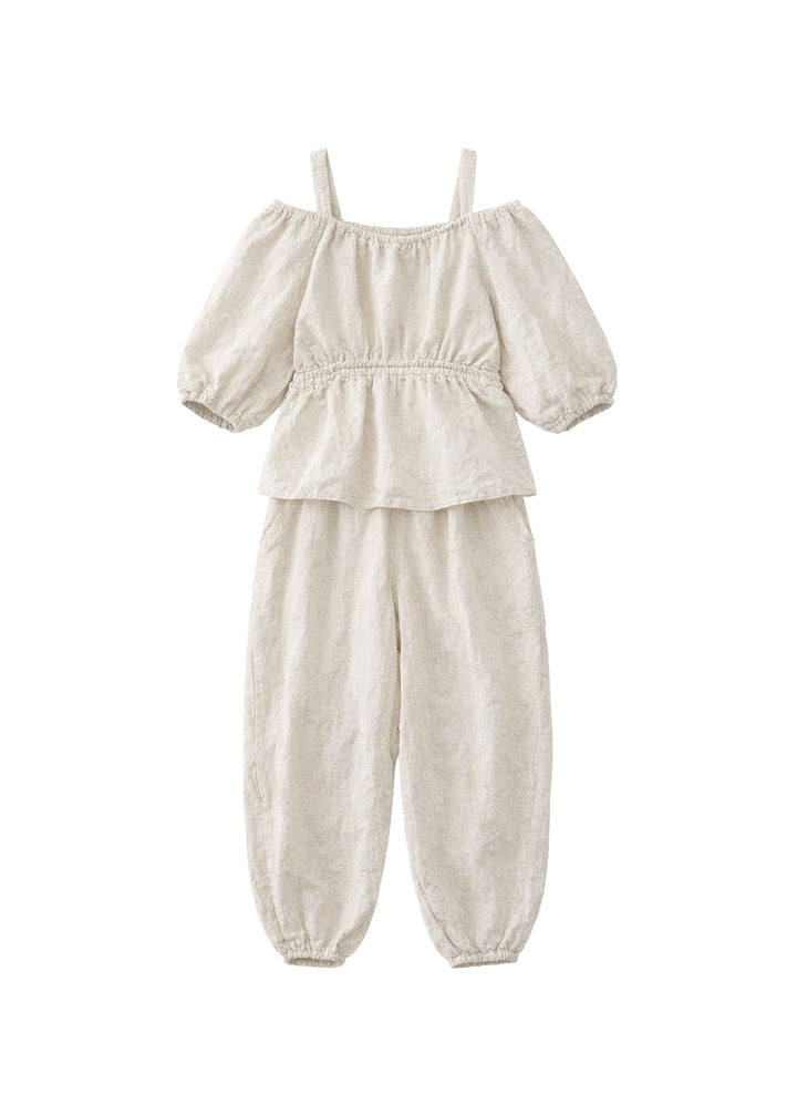 Off-Shoulder Peplum Jumpsuit in Linen in Natural — flat lay