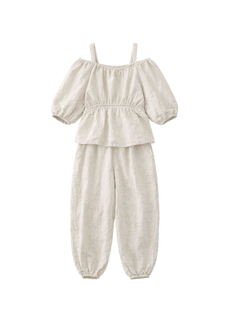 Off-Shoulder Peplum Jumpsuit in Linen in Natural — flat lay