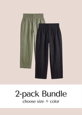 Emme Linen Pant 2-Pack — two pairs of smocked linen maternity pants in different colorways