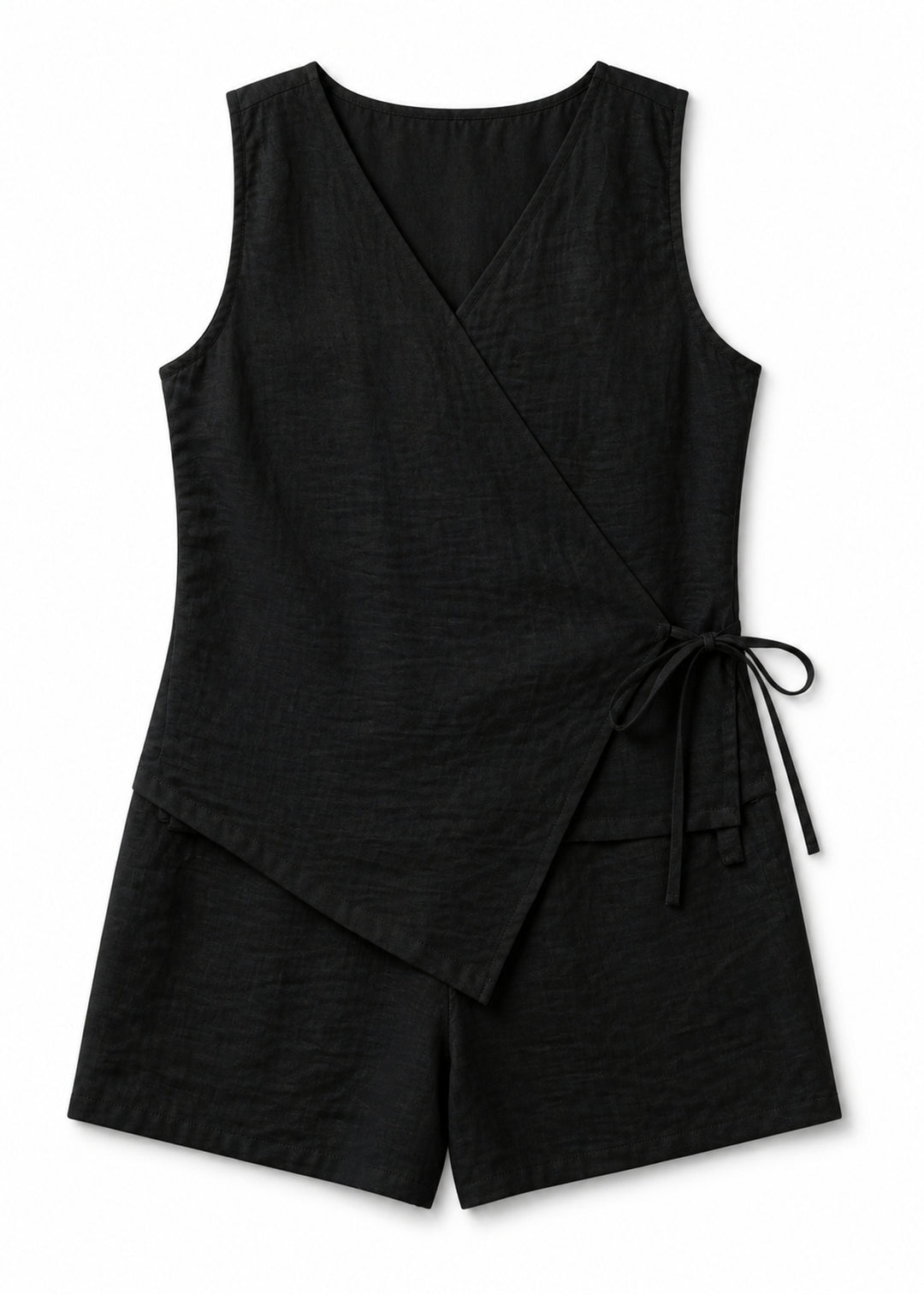Sleeveless Wrap Sleep Romper in Black - flat lay