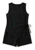 Sleeveless Wrap Sleep Romper in Black - flat lay