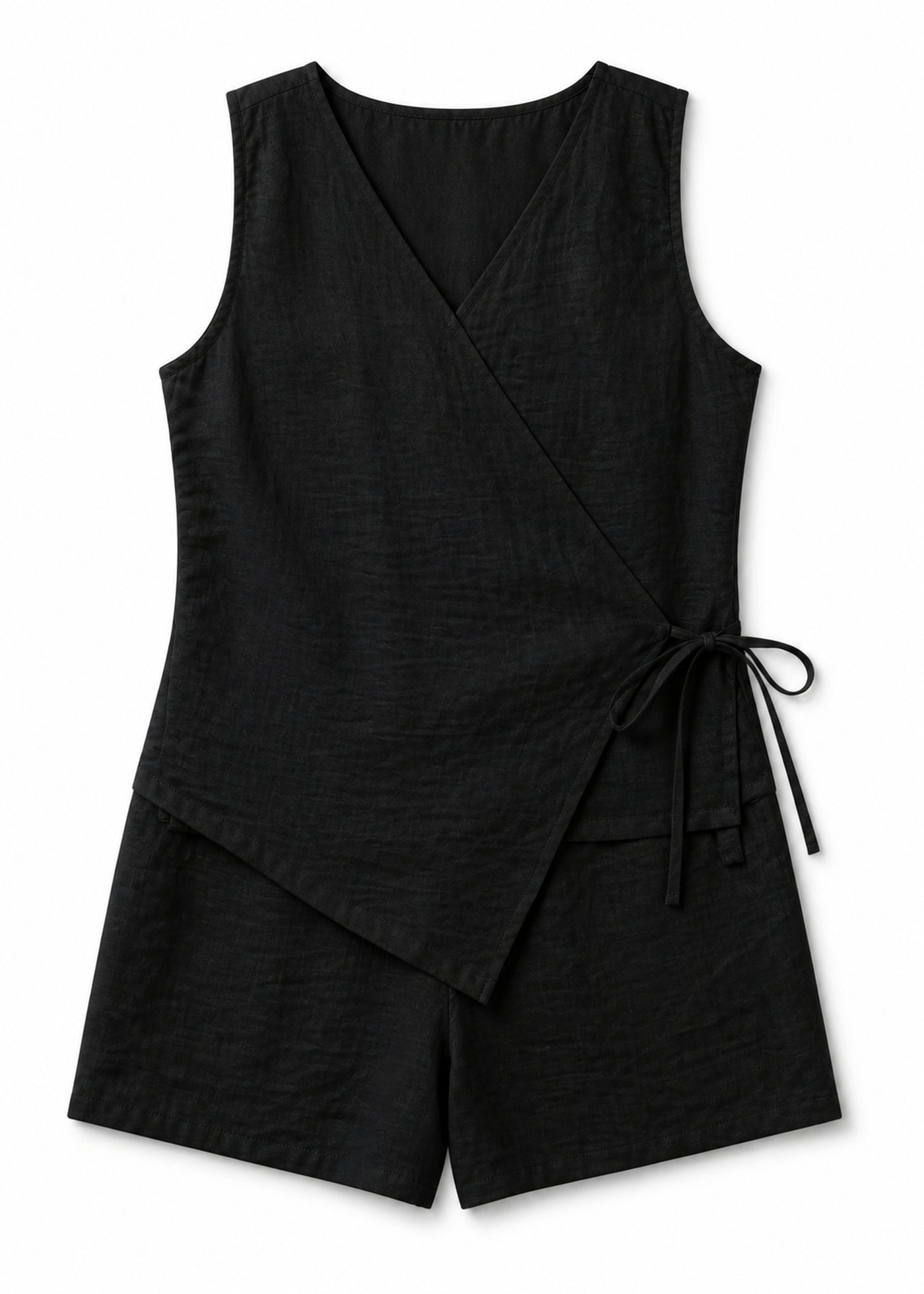 Sleeveless Wrap Sleep Romper in Black - flat lay