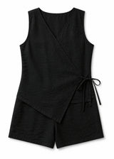 Sleeveless Wrap Sleep Romper in Black - flat lay