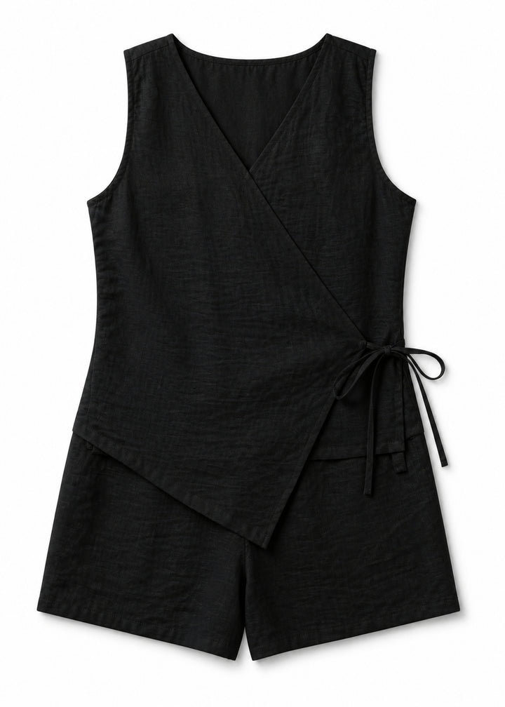 Sleeveless Wrap Sleep Romper in Black - flat lay