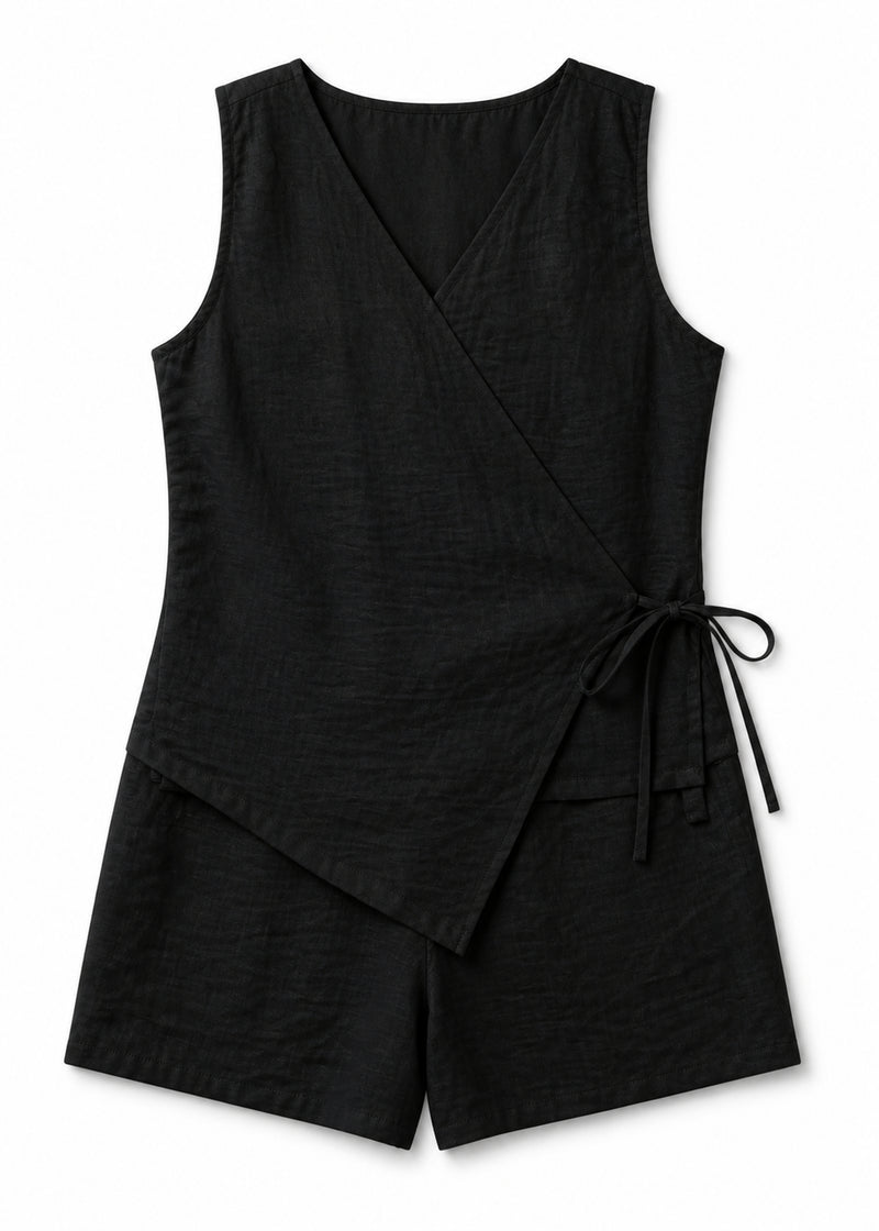 Sleeveless Wrap Sleep Romper in Black - flat lay