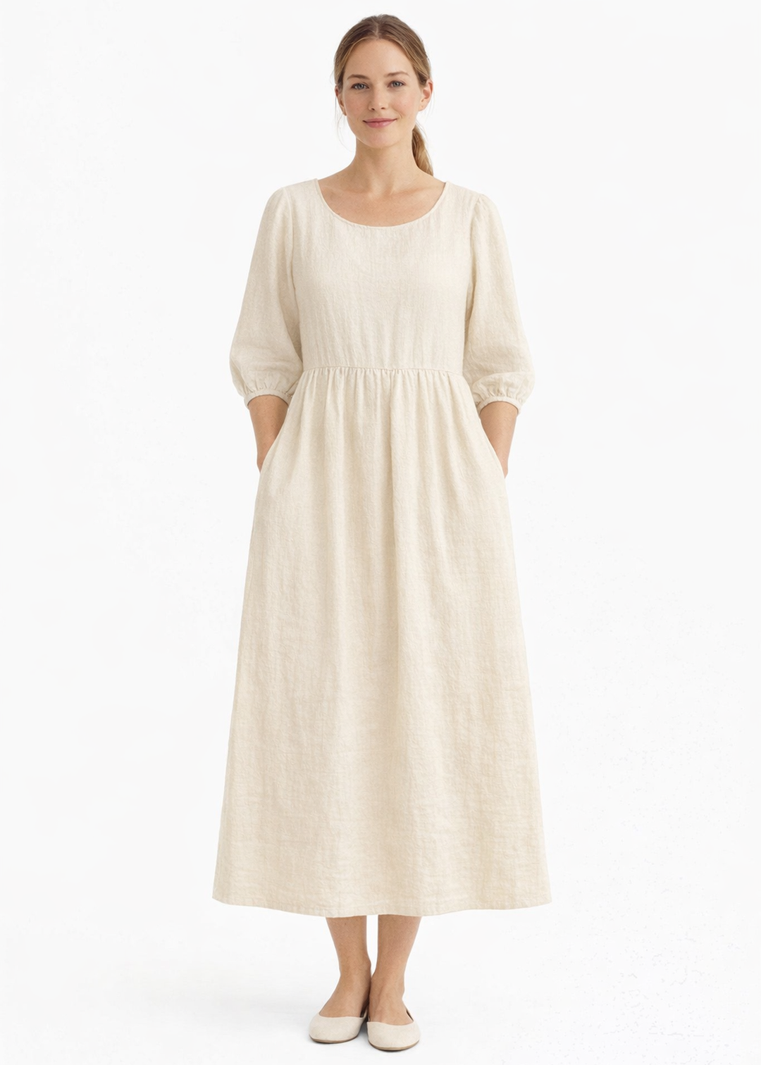 Gathered-Waist Seersucker Midi Dress in Natural — on model