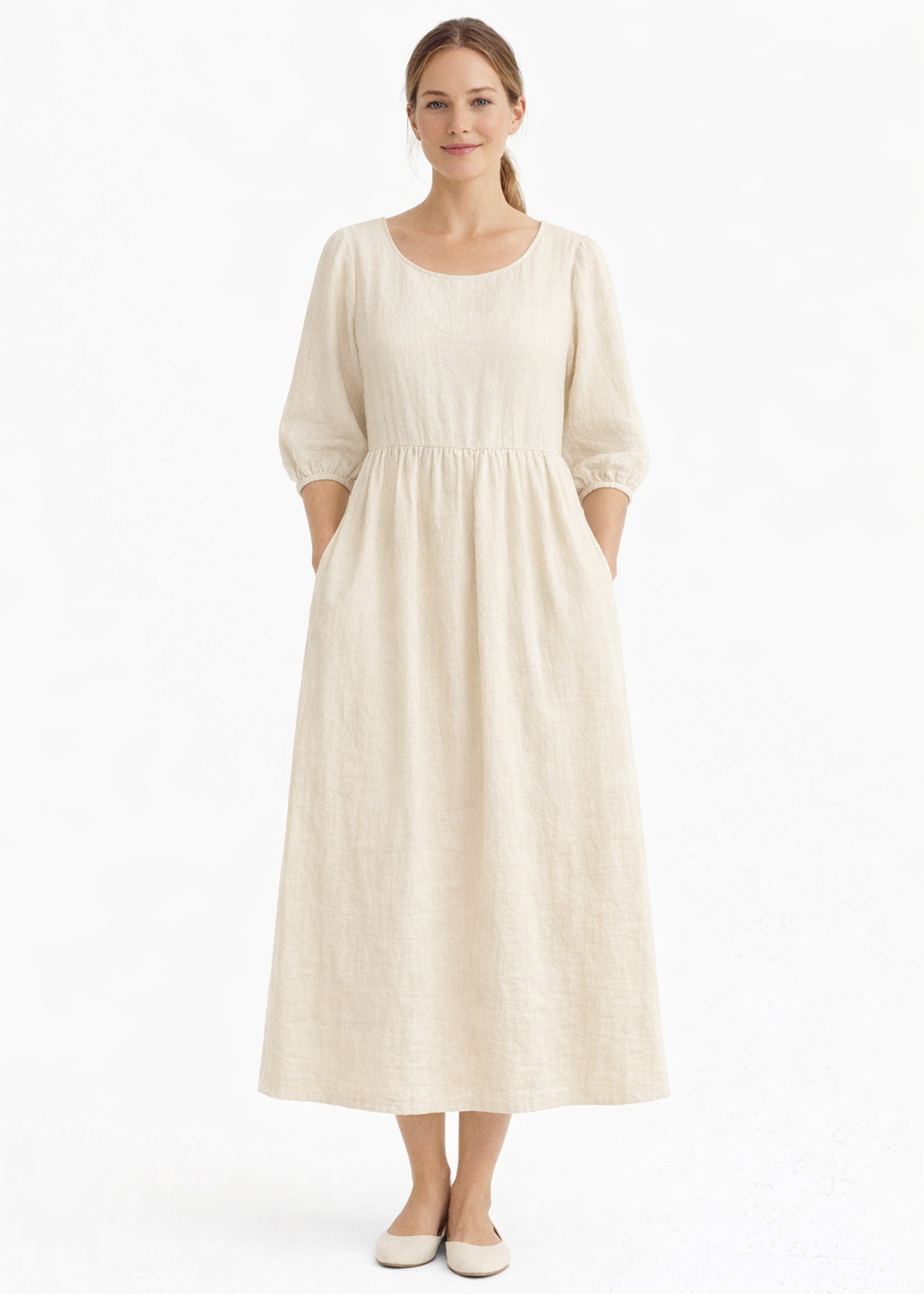 Gathered-Waist Seersucker Midi Dress in Natural — on model
