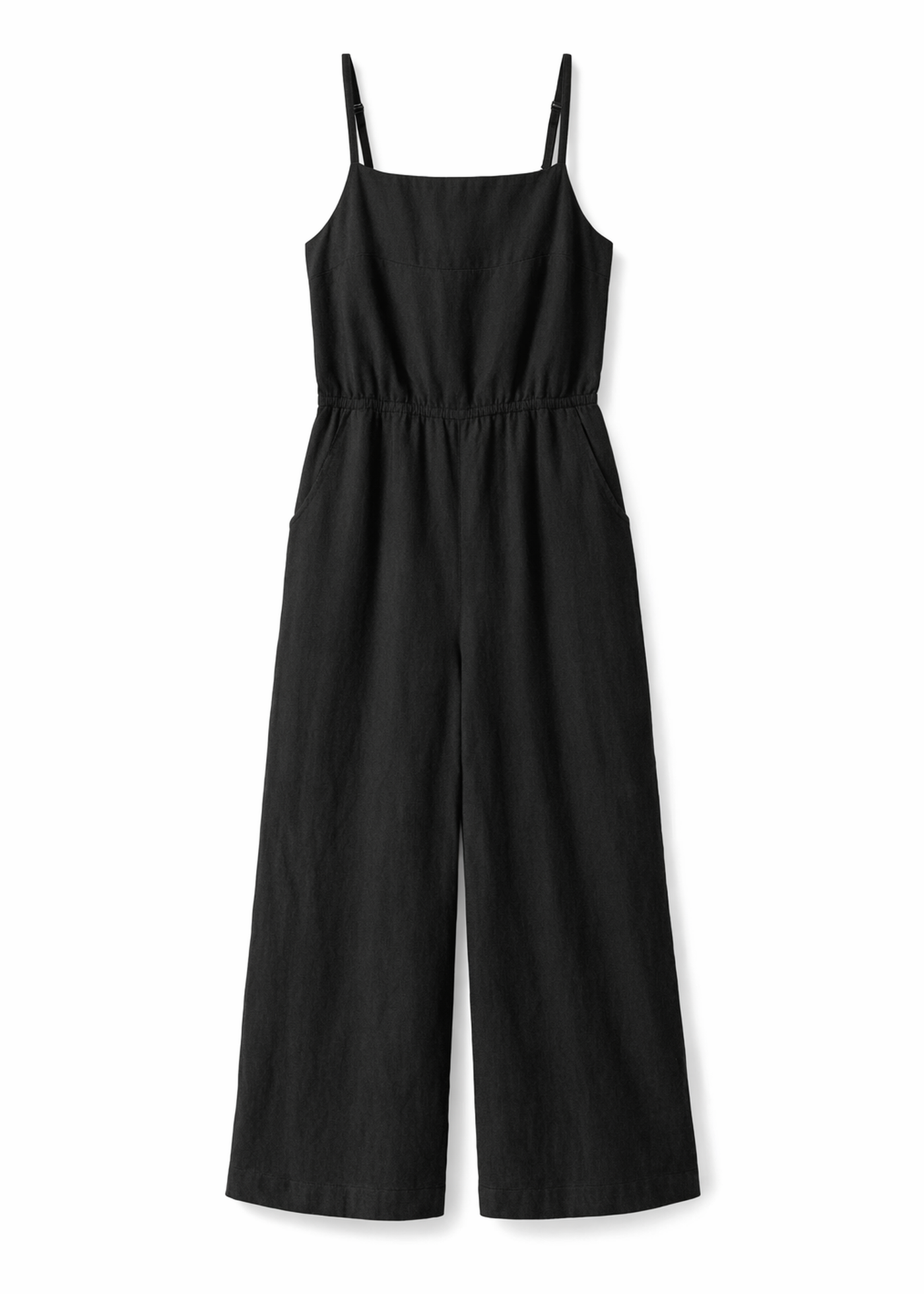 Tie-Strap Wide-Leg Linen Jumpsuit in Linen in Black — flat lay