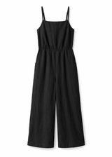 Tie-Strap Wide-Leg Linen Jumpsuit in Linen in Black — flat lay
