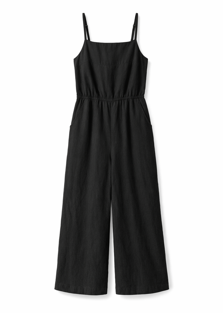 Tie-Strap Wide-Leg Linen Jumpsuit in Linen in Black — flat lay