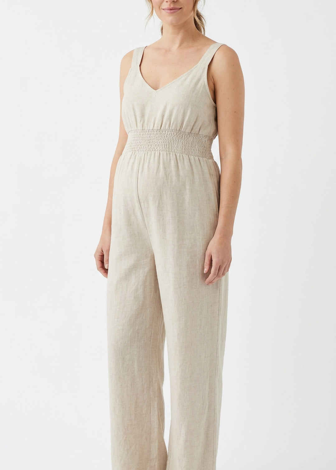 Smocked-Waist V-Neck Linen Jumpsuit in Linen in Natural — on model