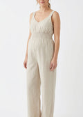 Smocked-Waist V-Neck Linen Jumpsuit in Linen in Natural — on model