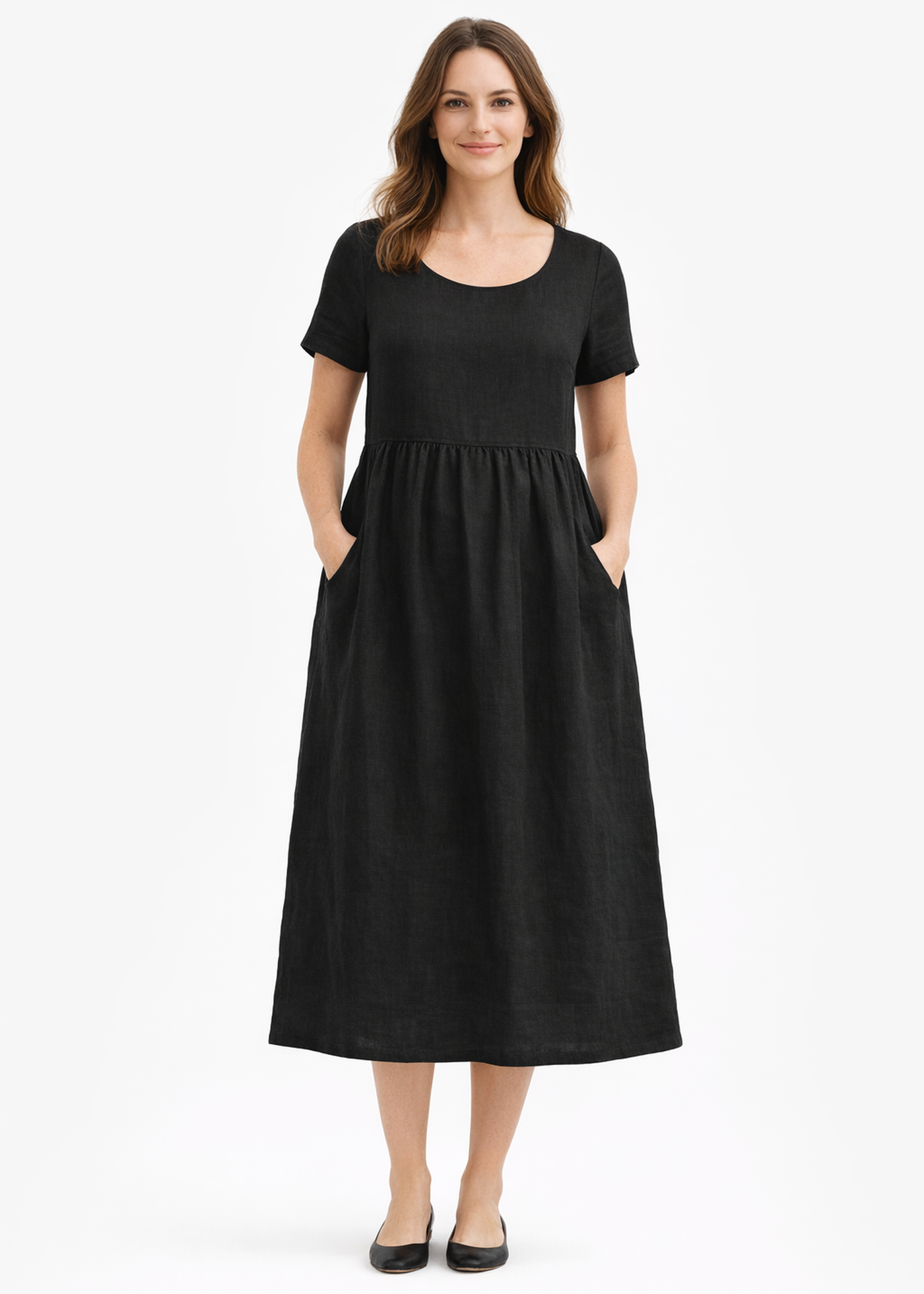Short-Sleeve Gathered-Waist Linen Midi Dress in Linen in Black — on model