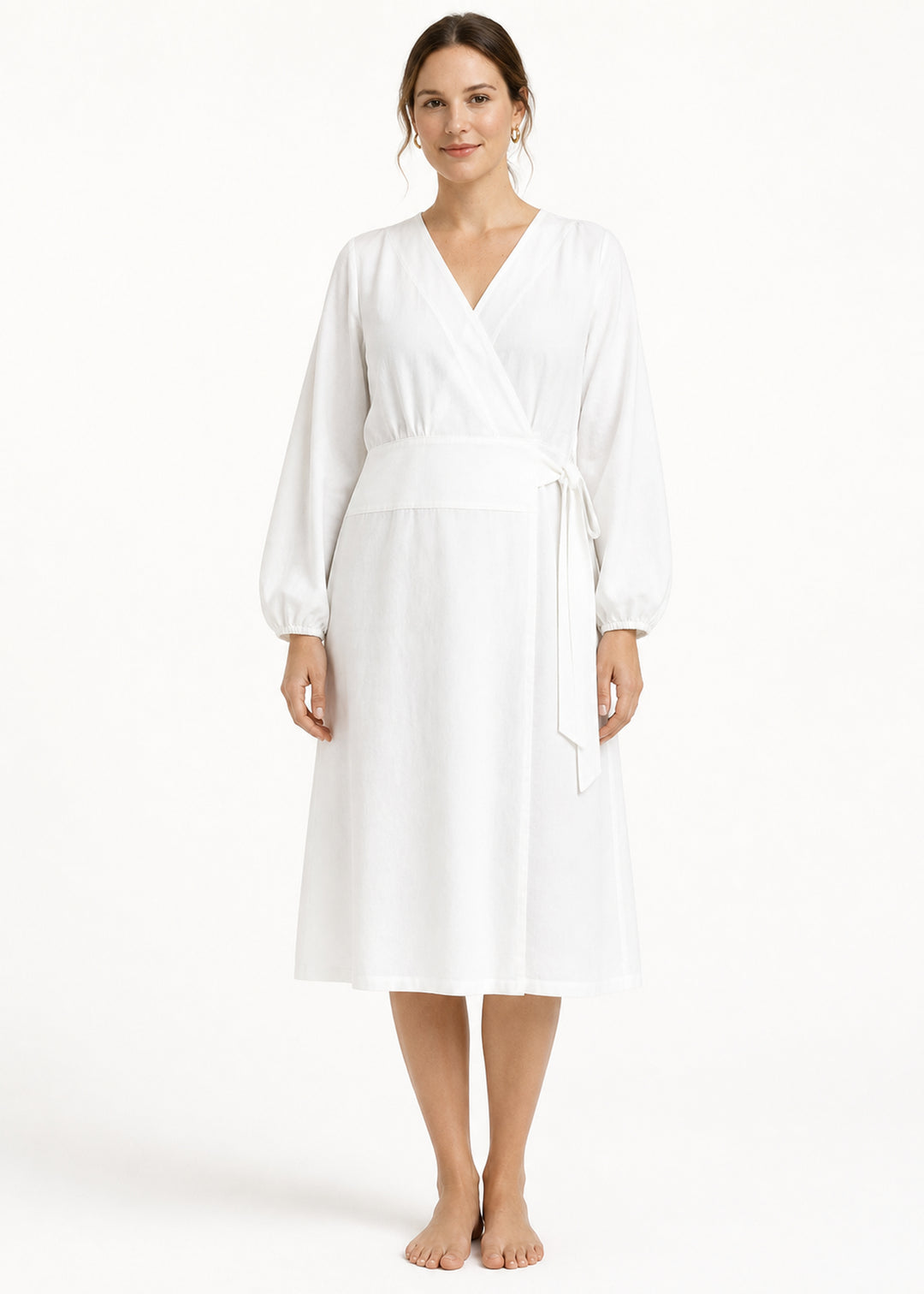 Long-Sleeve Wrap Robe in White - on model