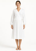 Long-Sleeve Wrap Robe in White - on model