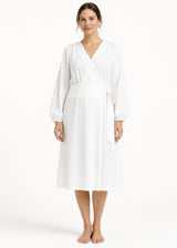 Long-Sleeve Wrap Robe in White - on model