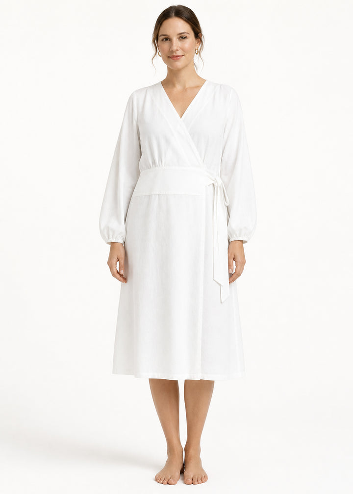 Long-Sleeve Wrap Robe in White - on model
