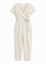 Wrap-Front Wide-Leg Linen Jumpsuit in Linen in Natural — flat lay