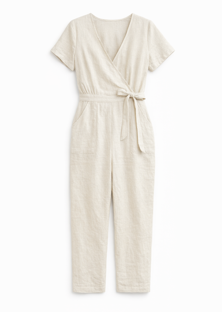 Wrap-Front Wide-Leg Linen Jumpsuit in Linen in Natural — flat lay