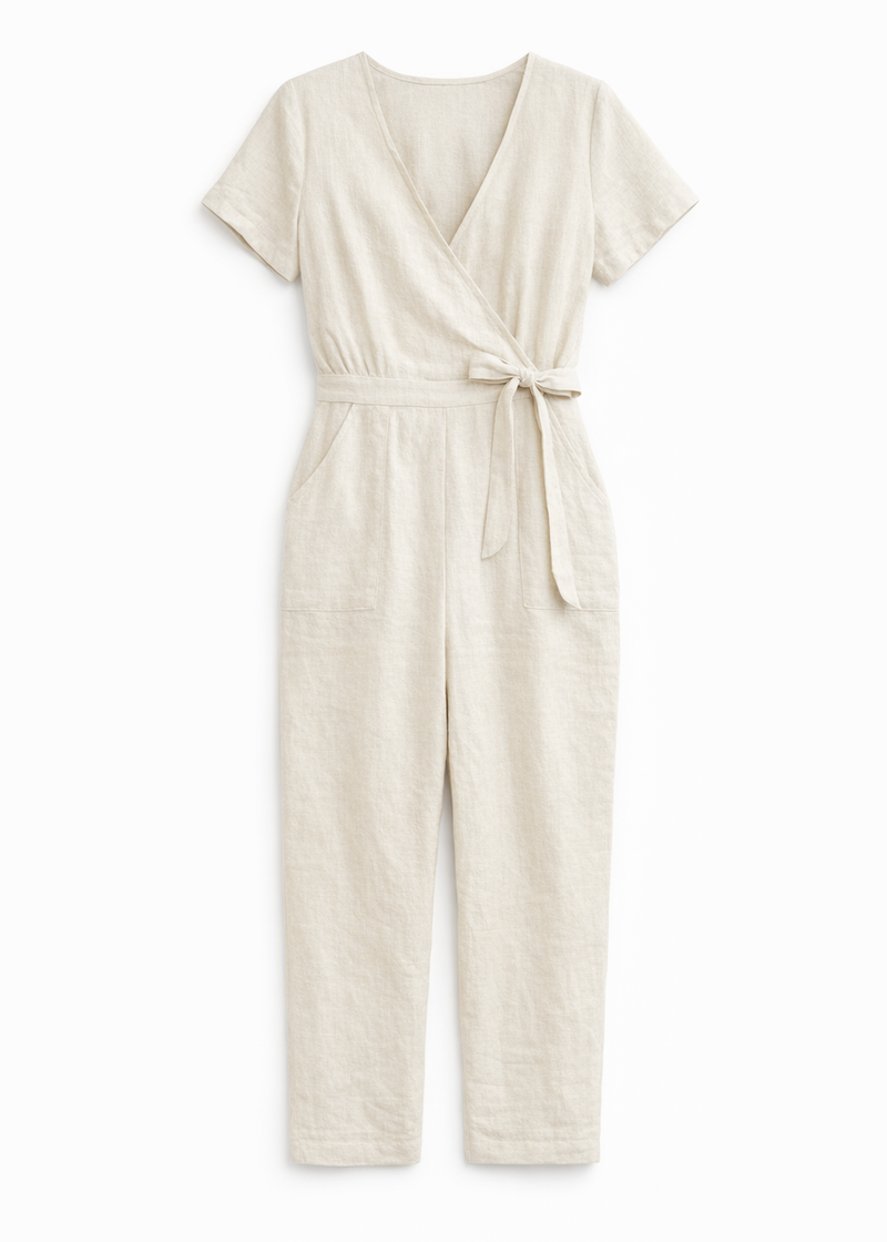 Wrap-Front Wide-Leg Linen Jumpsuit in Linen in Natural — flat lay