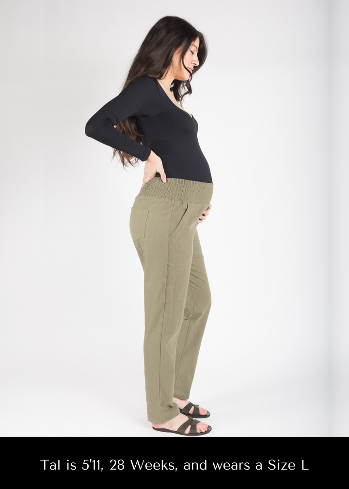 Longer Length - Everyday Transitional Maternity Smocked Linen Pant - Extended Inseam 34"