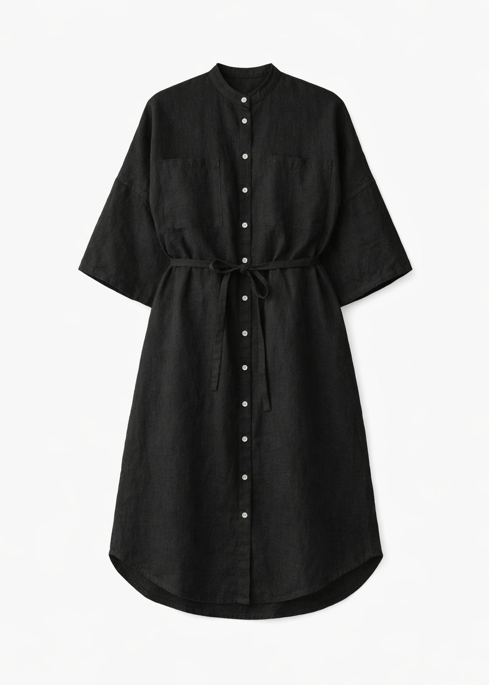 Belted Band-Collar Linen Midi Shirt Dress in Black — flat lay